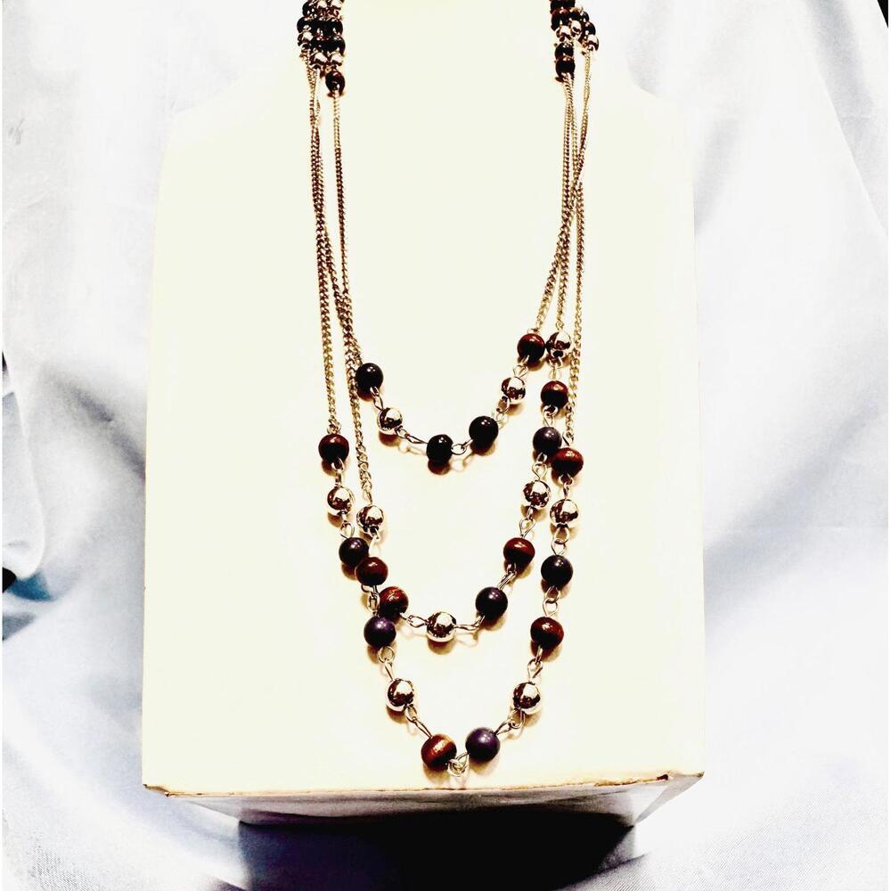 Silver Tone Blue, Brown and Silver Tone Beaded Layered Chain Necklace
